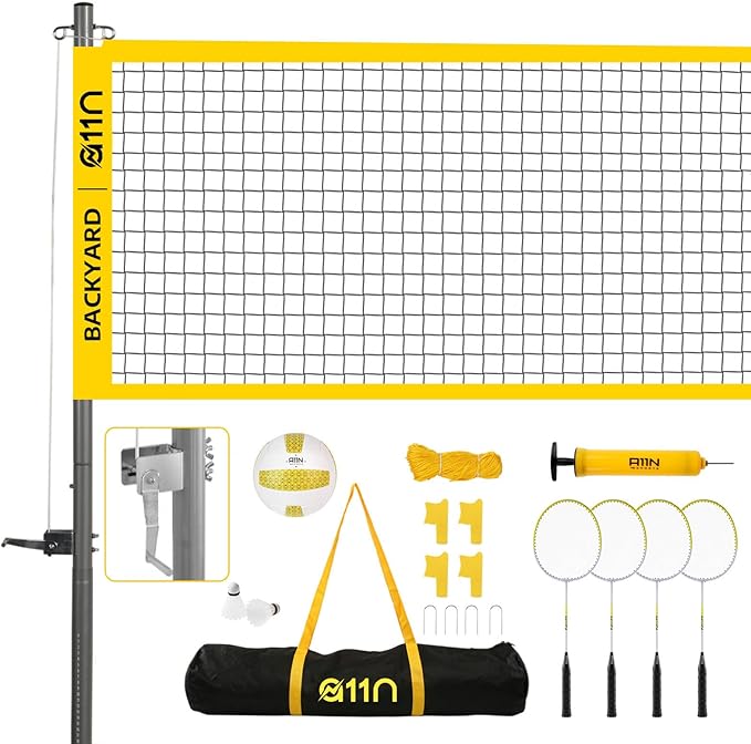 A11N Outdoor Volleyball and Badminton Combo Set - Includes Adjustable Height Anti-Sag Net, Volleyball, Air Pump, 4 Badmint...