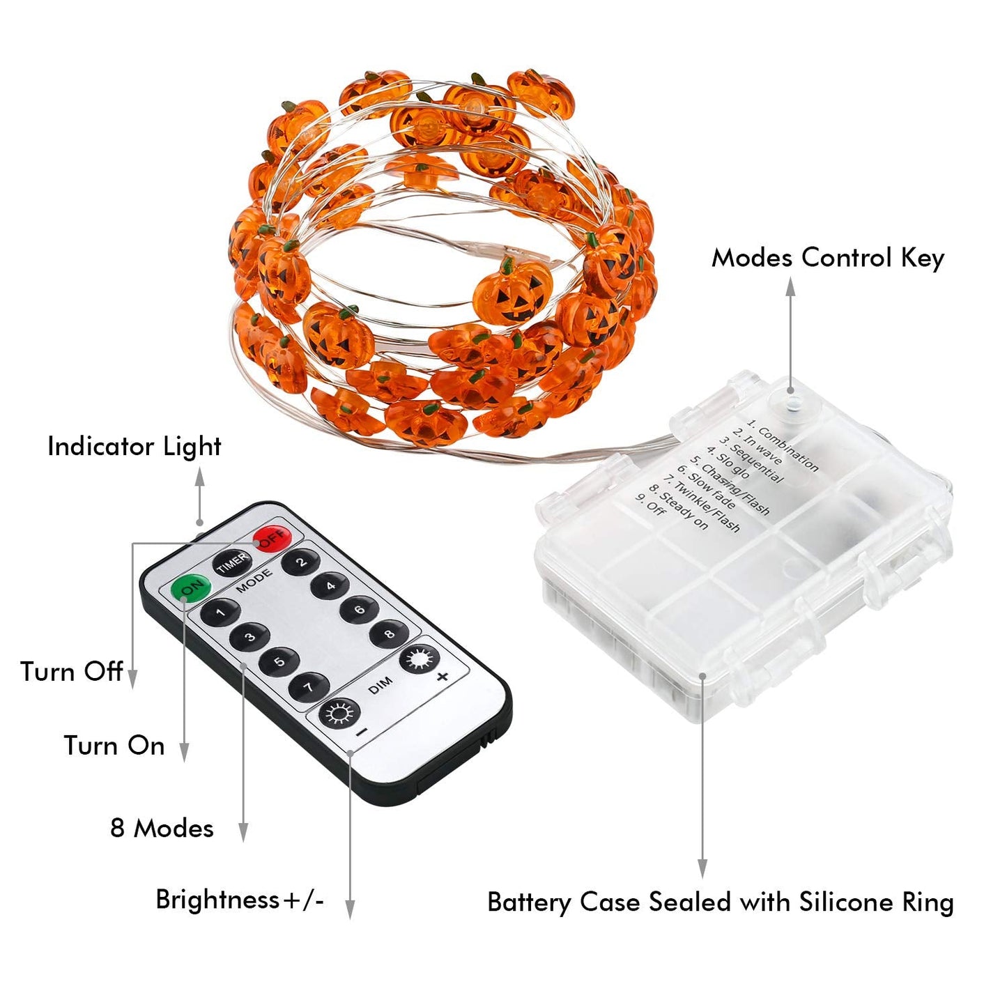 Brizled Halloween Pumpkin String Lights, 40 LED 13.12ft, Battery Powered Fairy Lights with Remote & Timer, Warm White