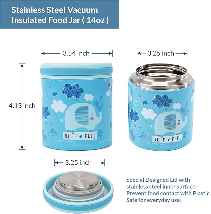 BLUE ELE Vacuum Insulated Jar & Thermos, BPA-Free Lunch Containers, Double-Wall 304 Food Grade Stainless Steel, 14 oz Keep Hot 12hr & Cold 24hr, Blue with Pattern
