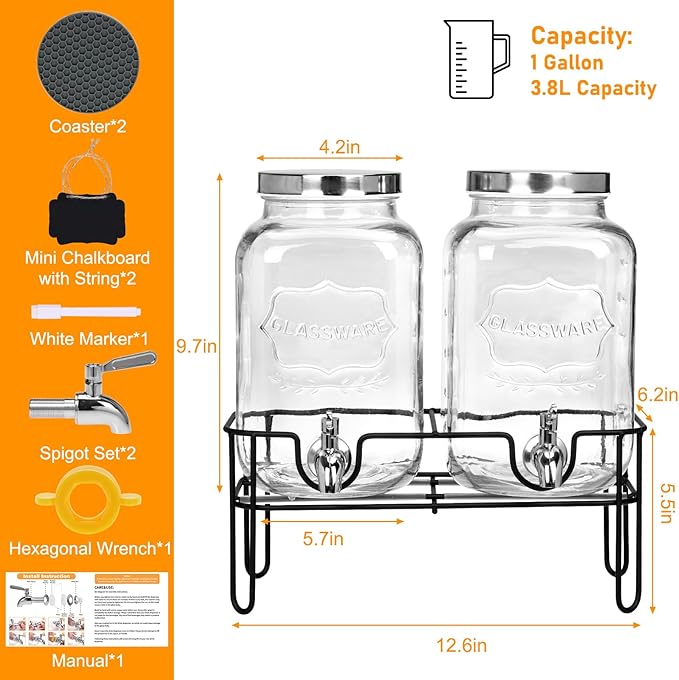 Moretoes Glass Drinks Dispenser for Parties, 2 PACK 1 Gallon Beverage Dispenser with Stand for Juice and Iced Tea, Water Jug Dispenser for Lemonade, Party Essential Beverage Pitcher with Spout