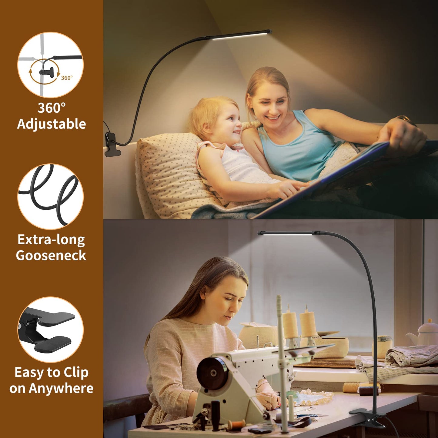 iZELL LED Desk Lamp with Clamp, 77 LEDs, 3 Color Modes, 10 Brightness Levels, Flexible Gooseneck, Model TBL721-BK