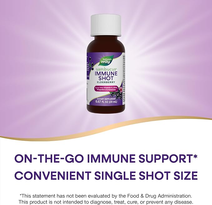 Nature's Way Sambucus Immune Syrup Single Shot, Daily Immune Support*, Elderberry, Vitamin C, Zinc, 0.67 Fl Oz x 12 (Packaging May Vary)