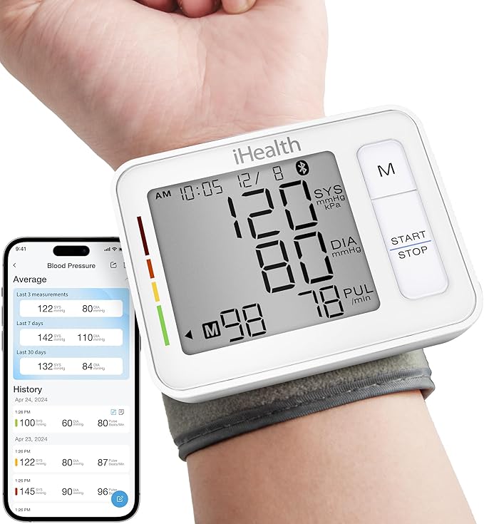 iHealth Push Wrist Blood Pressure Monitor, Digital Bluetooth Blood Pressure Machine with Large Display and Portable Carryi...