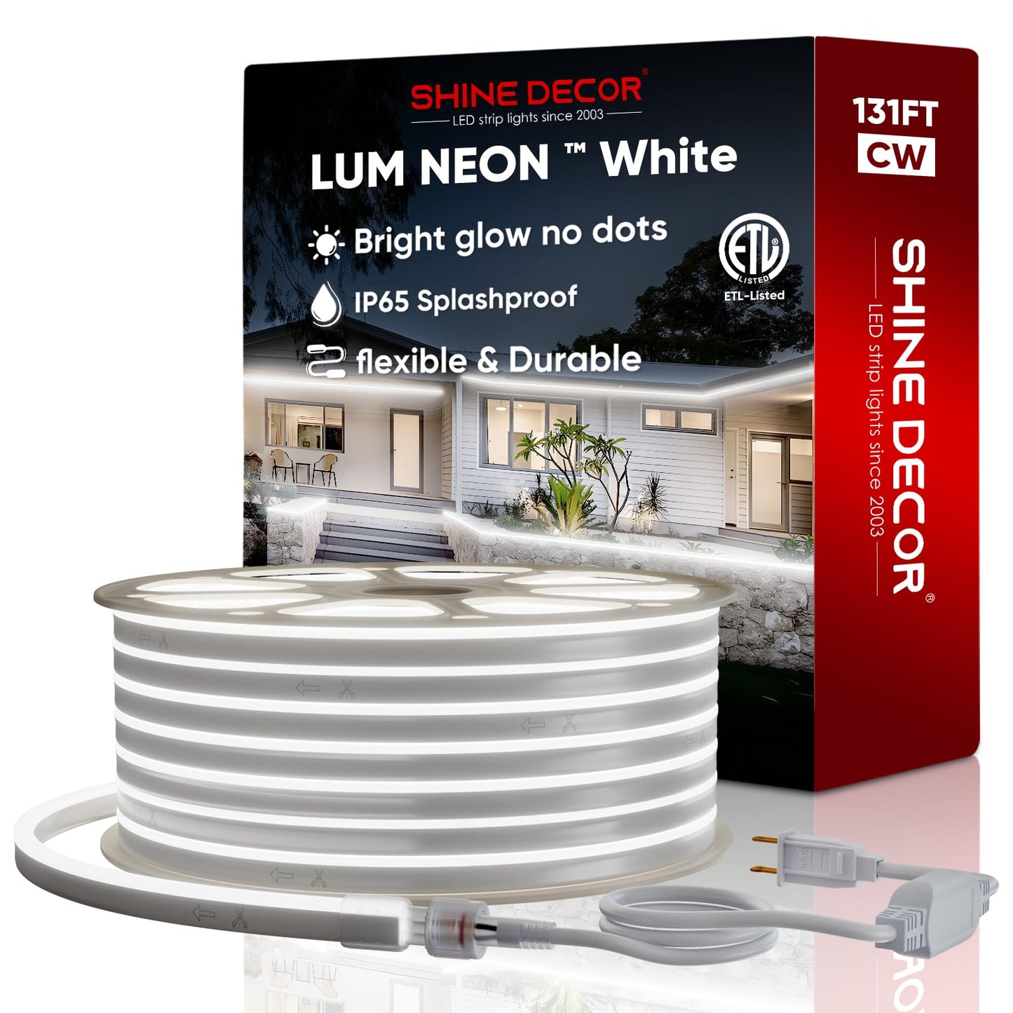 Shine Decor LED Neon Rope Lights - 120V, 6300K Cool White, IP65 Waterproof, 40M/131.2FT, Expandable & Cuttable, Polyvinyl