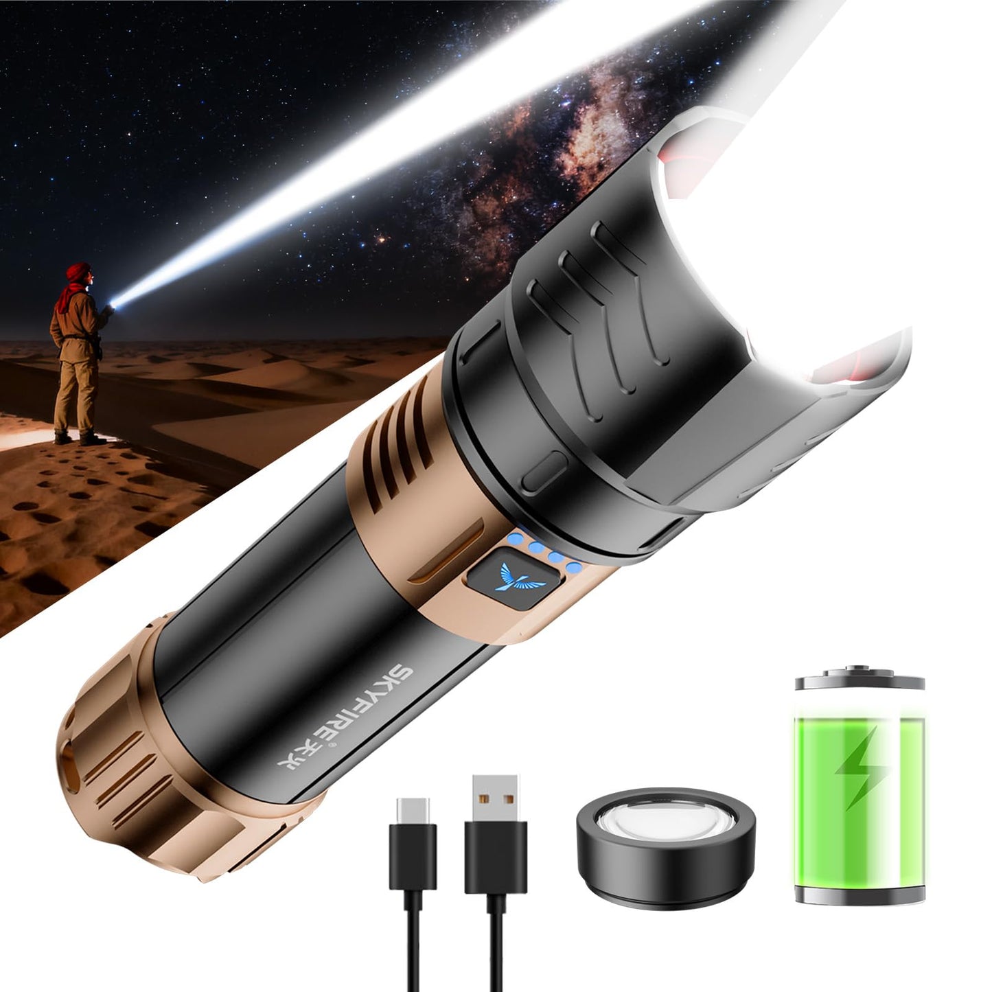 Skyfire Rechargeable Flashlights High Lumens With Ignition Lens 3000Lm Super Bright Flashlight Plus 7500Mah Zoomable Waterproof Tactical Flash Light For Camping Essentials Outdoor Home&Gifts-Upgraded
