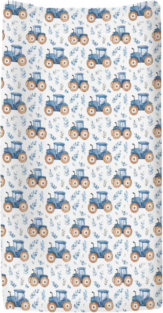 Watercolor Blue Tractors Baby Changing Pad Covers for Boy Girl Farm Tractors Boho Leaves Fitted Change Table Mats Farm Life Soft Diaper Change Table Cover Sheets for 32''×16'' Contoured Pad