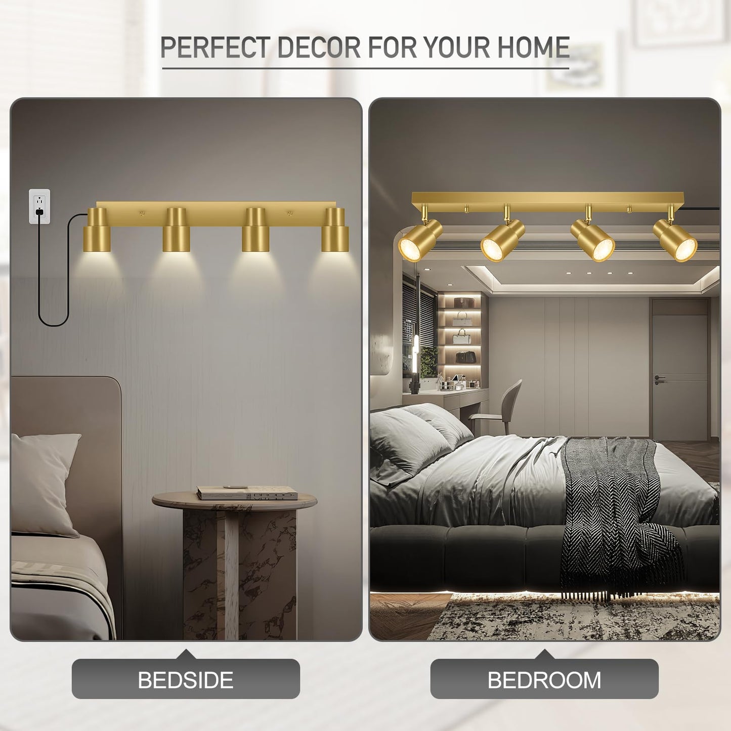 Plug in Track Lighting, 23" LED Track Light Fixtures Ceiling, Gold 4 Way Spotlight, Rotatable Light Head, Plug in Ceiling Light with Power Cord, Plug Wall Light for Kitchen Hallway Bar(GU10, NO Bulb)