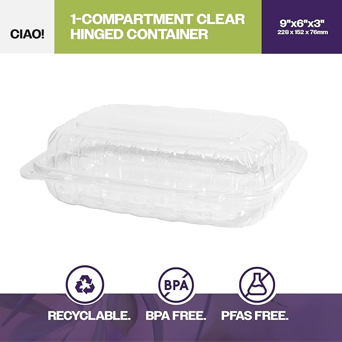CIAO! 9"x6"x3" 1 Compartment PP Plastic Clear Hinged Container for Take Out (Case of 200)