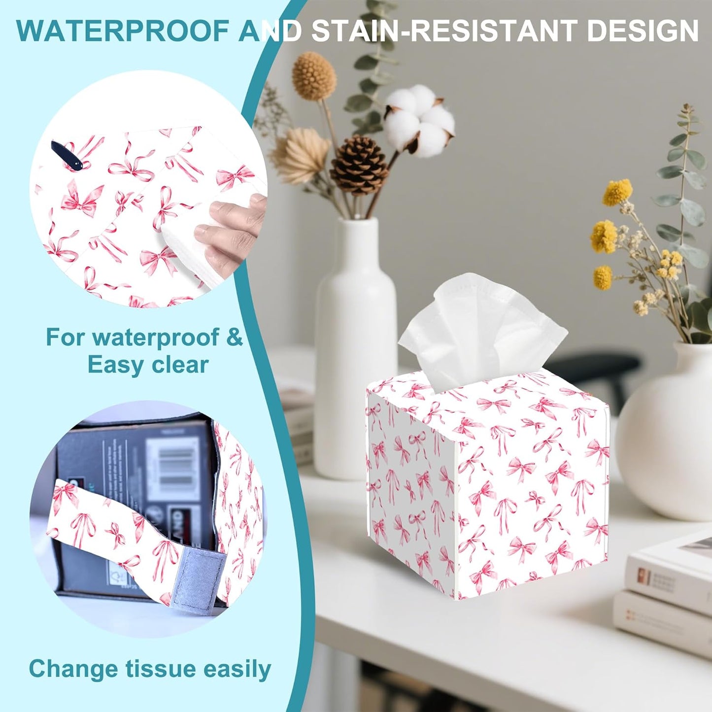 Watercolor Pink Ribbon Bow Tissue Box Cover Square,Leather Tissue Holder with Bottom Belt,Waterproof Leather Facial Paper Organizer Tissue Box Cover for Home Office Bathroom Vanity,5.2" x 5.2" x 5.2"