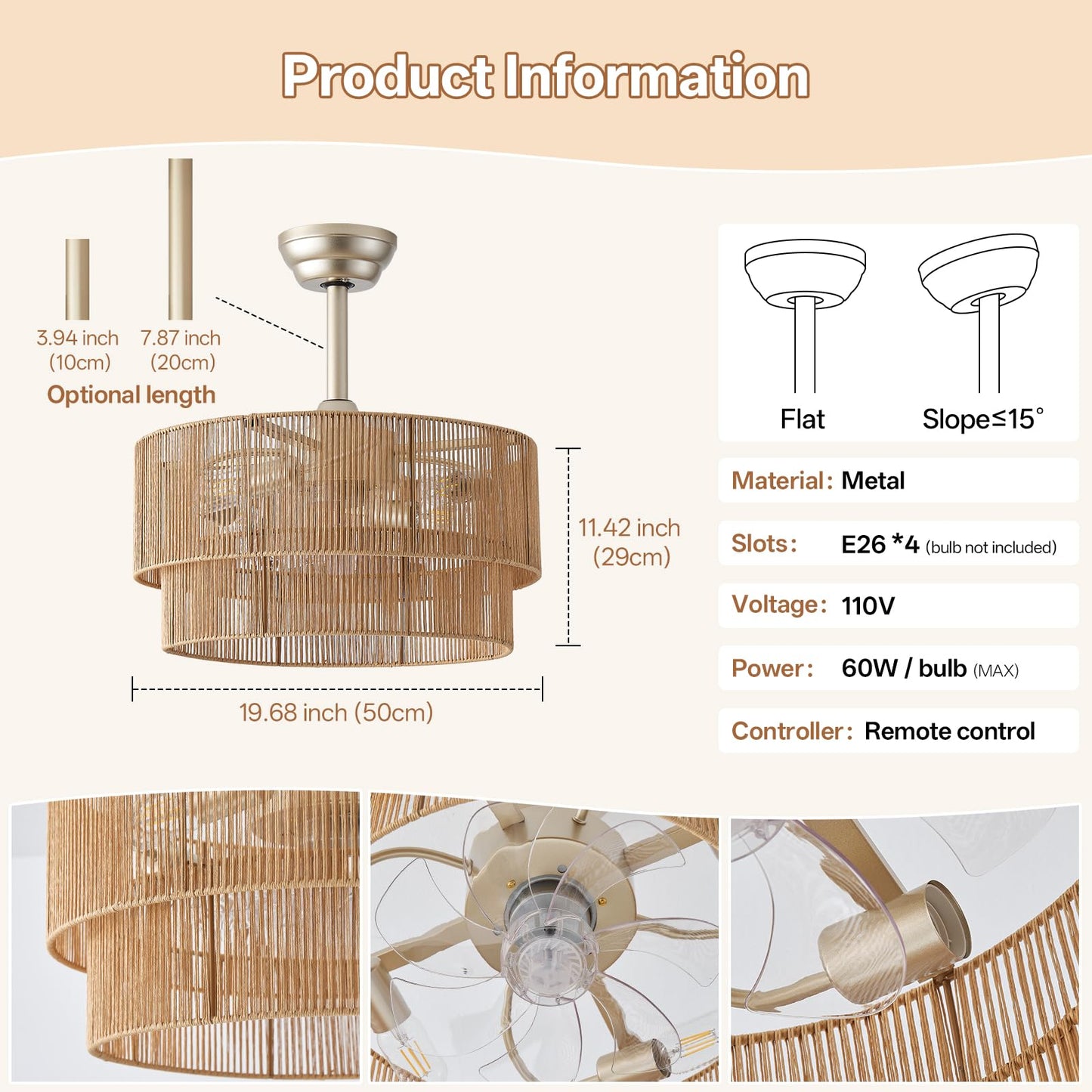 Glmthux 20in Boho Fandelier Ceiling Fan with Light, Rattan, Remote Control, 6 Speeds, Yellow