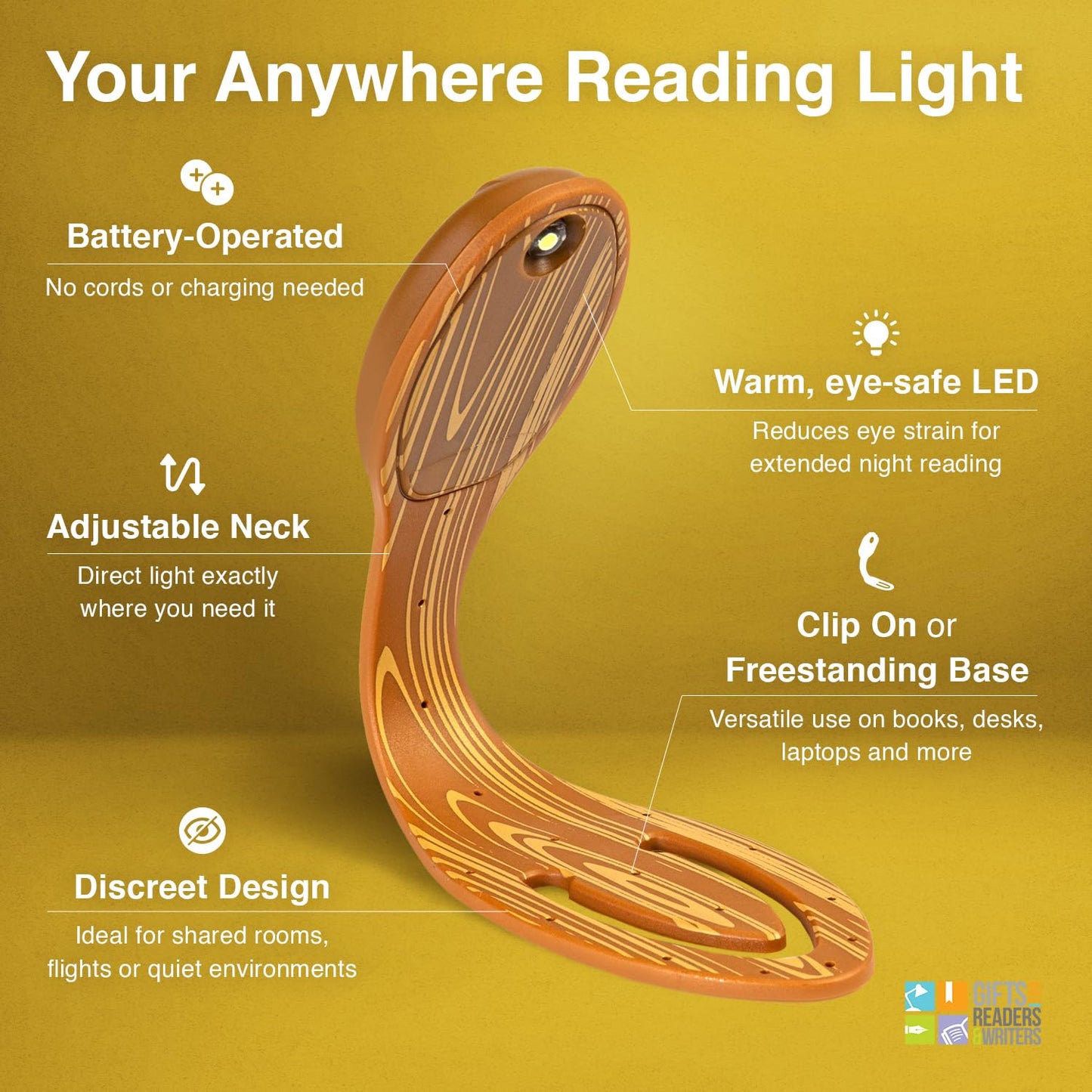 Gifts for Readers & Writers Flexilight Bookmark Reading Light | LED Clip On, Battery Operated, Wood, Model 2