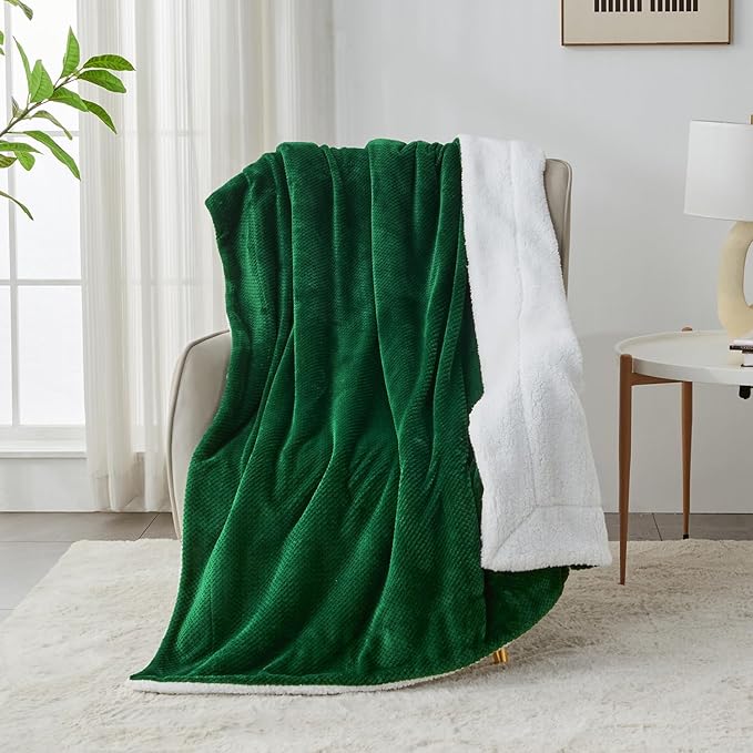 SOCHOW Waffle Sherpa Fleece Throw Blanket, Super Soft Fuzzy Warm, Lightweight Fluffy Reversible Plush Blanket for Bed Sofa Couch, 60 x 80 Inches Forest Green