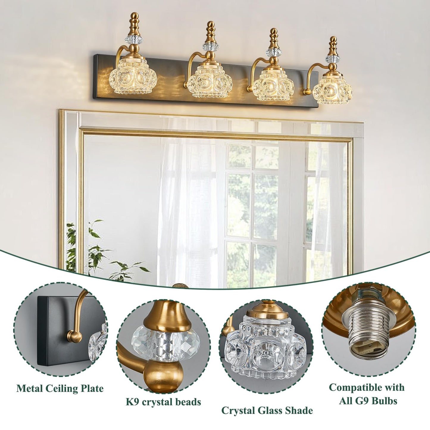 Lbsqj Bathroom Light Fixtures  Modern Glass Crystal Bathroom Vanity Light Vintage Bathroom Lighting Fixtures Over Mirror 4 Light Vanity Lights G9 Bulb (27.55 Inch  Black Gold)