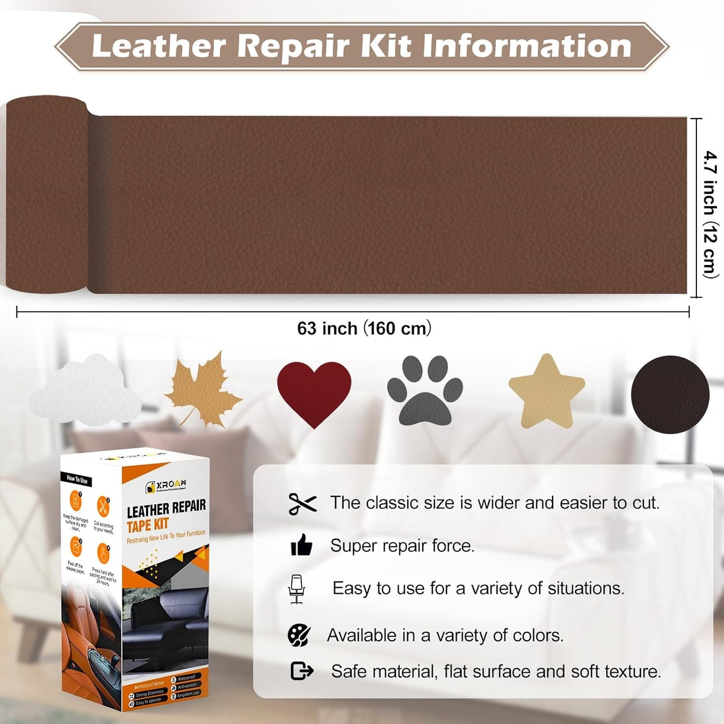 Leather Repair Tape, 4.7x63 inch Leather Patches for Furniture, Self Adhesive Leather Repair Patch for Sofas, Couches, Leather Covers, Seats, Chairs, Vinyl Repair Tape Beige White