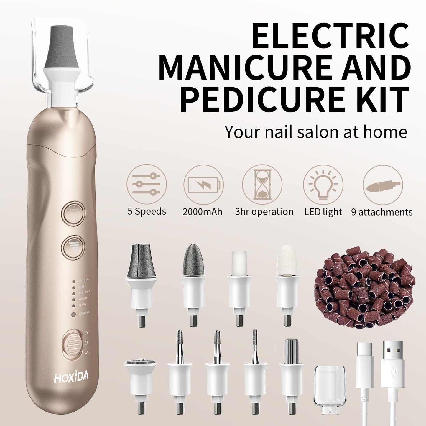 Manicure Pedicure Kit, Professional Nail Grinder for Senior Thick Toenail, Cordless Electric Nail File, 5 Speeds Pedicure Tools