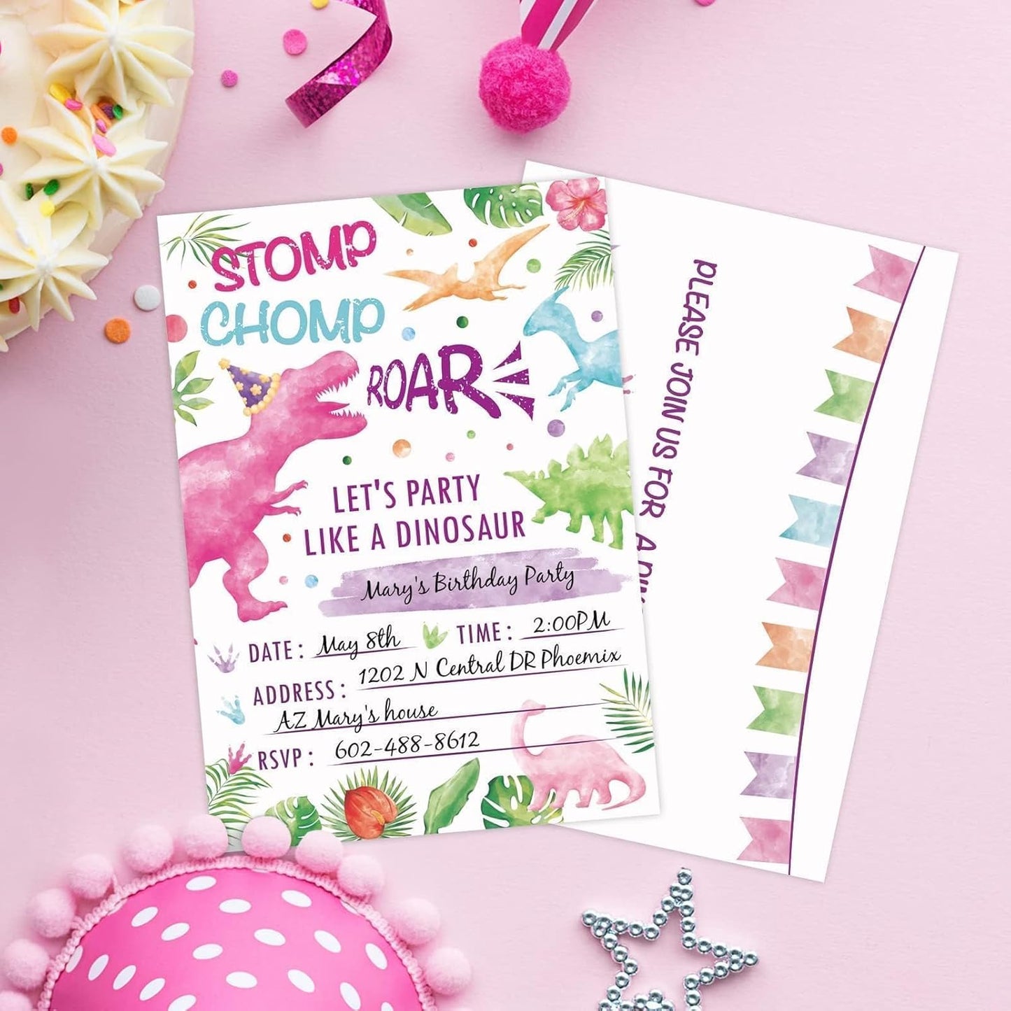 WERNNSAI 20 Sets Dinosaur Party Invitation with Envelopes - Pink Dinosaur Invitation Cards for Girls Kids Birthday Party Supplies Watercolor T-Rex Invites Cards Double Sided for Baby Shower Decoration