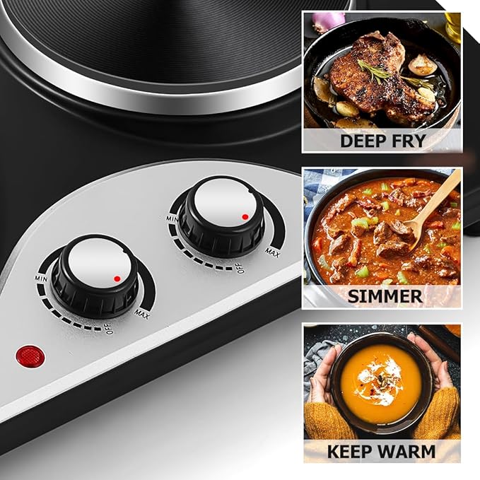 Hot Plate, CUSIMAX Electric Burners for Cooking, 1800W Double Burner, Hot Plates for Countertop Burner, Portable Cast Iron Hot Plates with Dual Adjustable Temperature, Easy to Clean