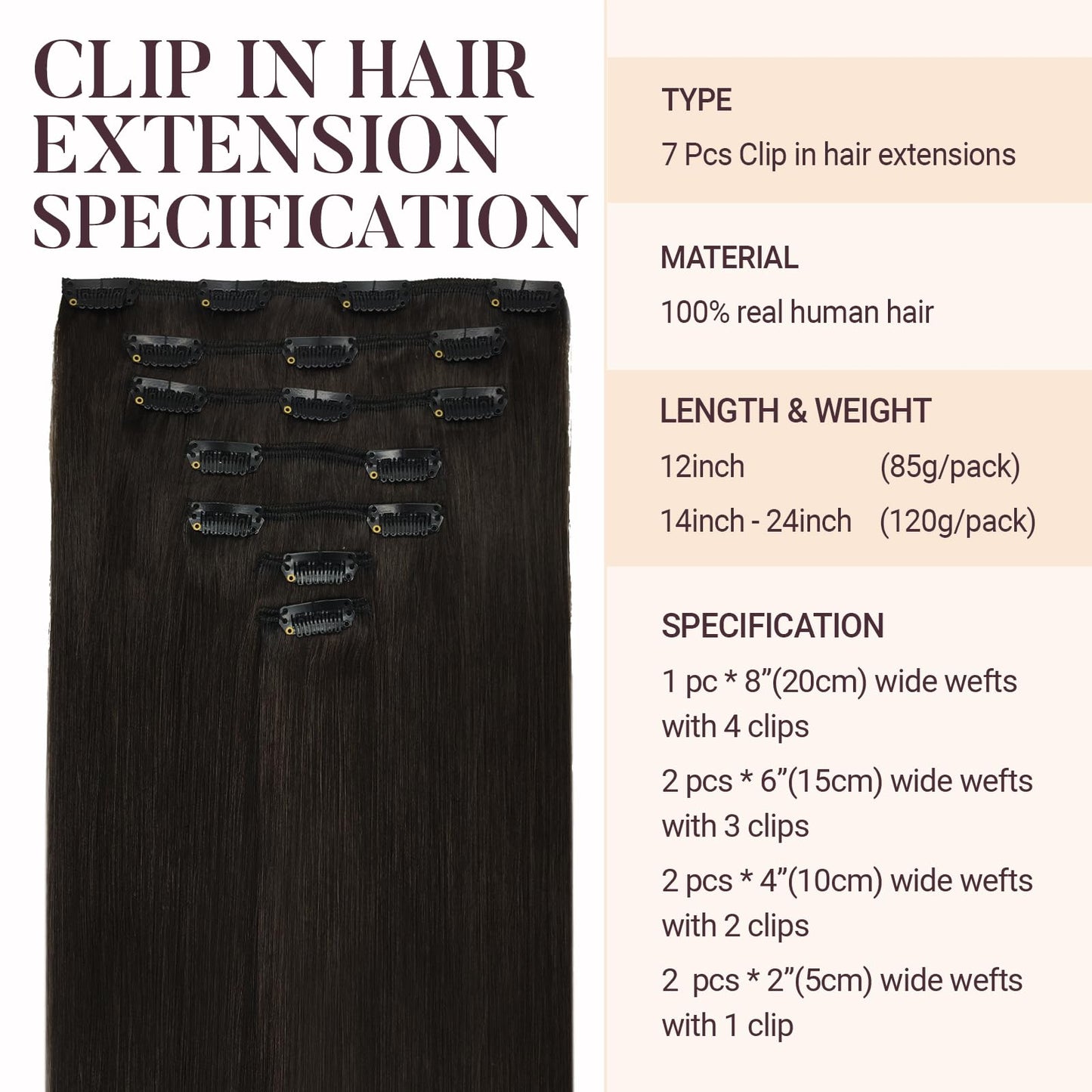 MAXITA Human Hair Clip in Extensions, Dark Brown 120g 7pcs 22 Inch, Hair Extensions Clip ins Remy Human Hair Extensions Straight