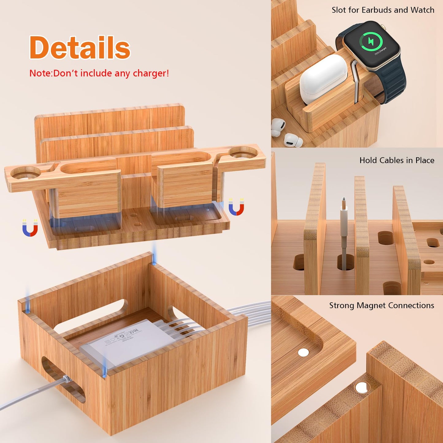 Pezin & Hulin Bamboo Charging Station Organizer For Multiple Devices, Desktop Docking Station Compatible With Phone, Tablet, Ear