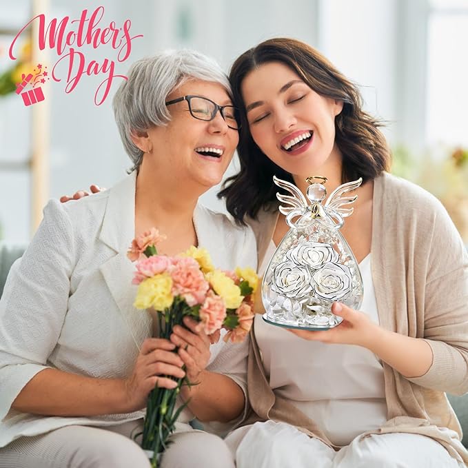 Beferr Valentines Day Rose Gifts for Her Women Mom Gifts for Birthday, Fresh Flowers for Delivery Forever Preserved Rose in Glass Angel Figurine, for Grandma Wife Daughter Girlfriend