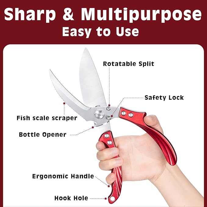Kitchen Shears Kitchen Scissors for Food - Heavy Duty Stainless Steel Poultry Shears for Thanksgiving, Chicken, Bone, Meat, Turkey, Fish,Multi Purpose Scissor for Cutting Cooking, Dishwasher (Red)
