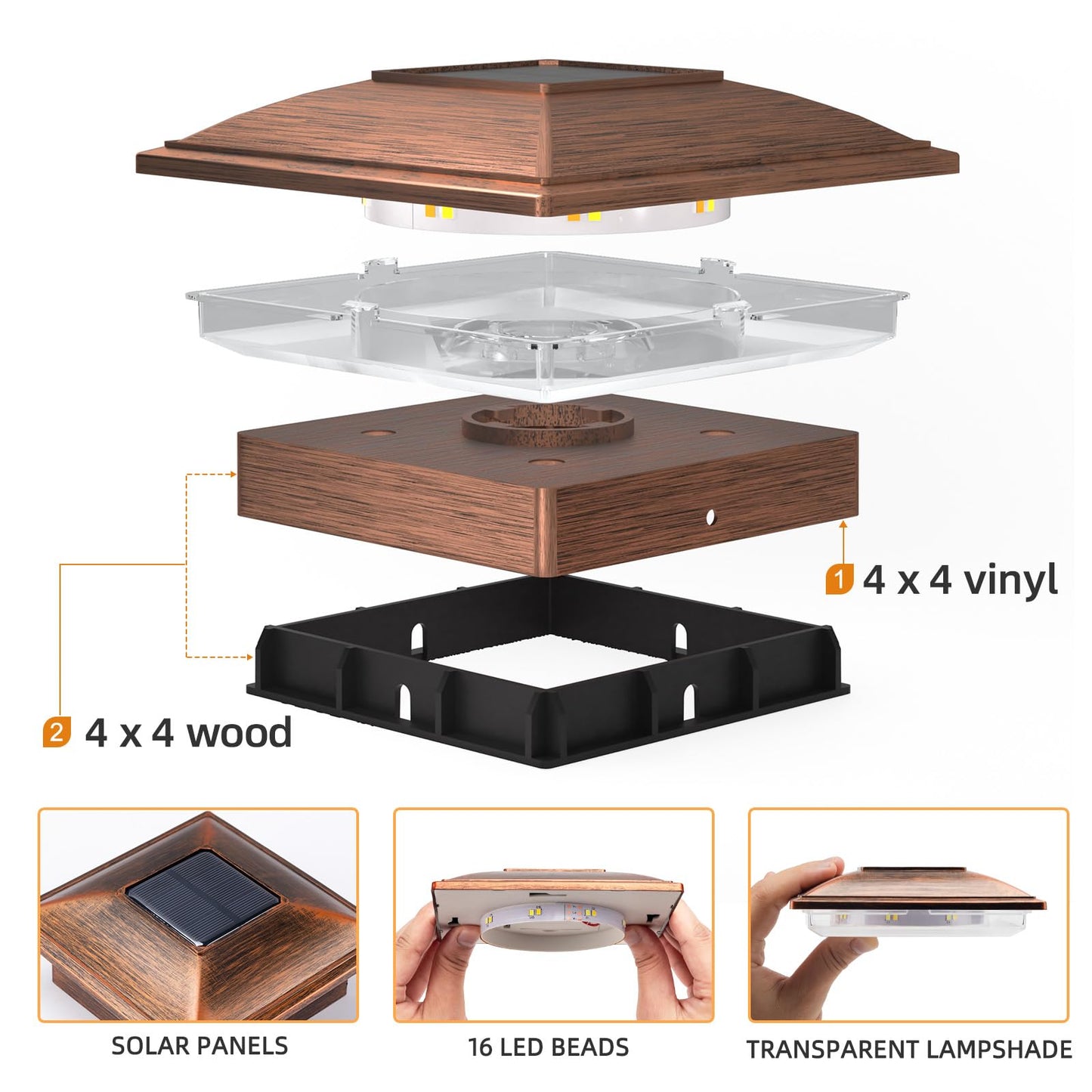 APONUO Solar Post Lights, 12 Pack, Warm/Cool Light, Waterproof, 4x4/5x5/5.5x5.5 Compatible, Brushed Copper, Model