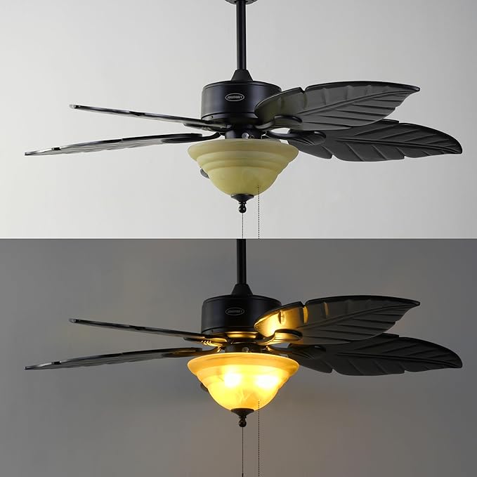 JONATHAN Y JYL9720A Poinciana 52" 3-Light Coastal Bohemian Iron/Wood Palm Leaf LED Ceiling Fan with Pull Chain Rustic, Eclectic, Transitional, Office, Living Room, Dining Room, Bedroom, Black