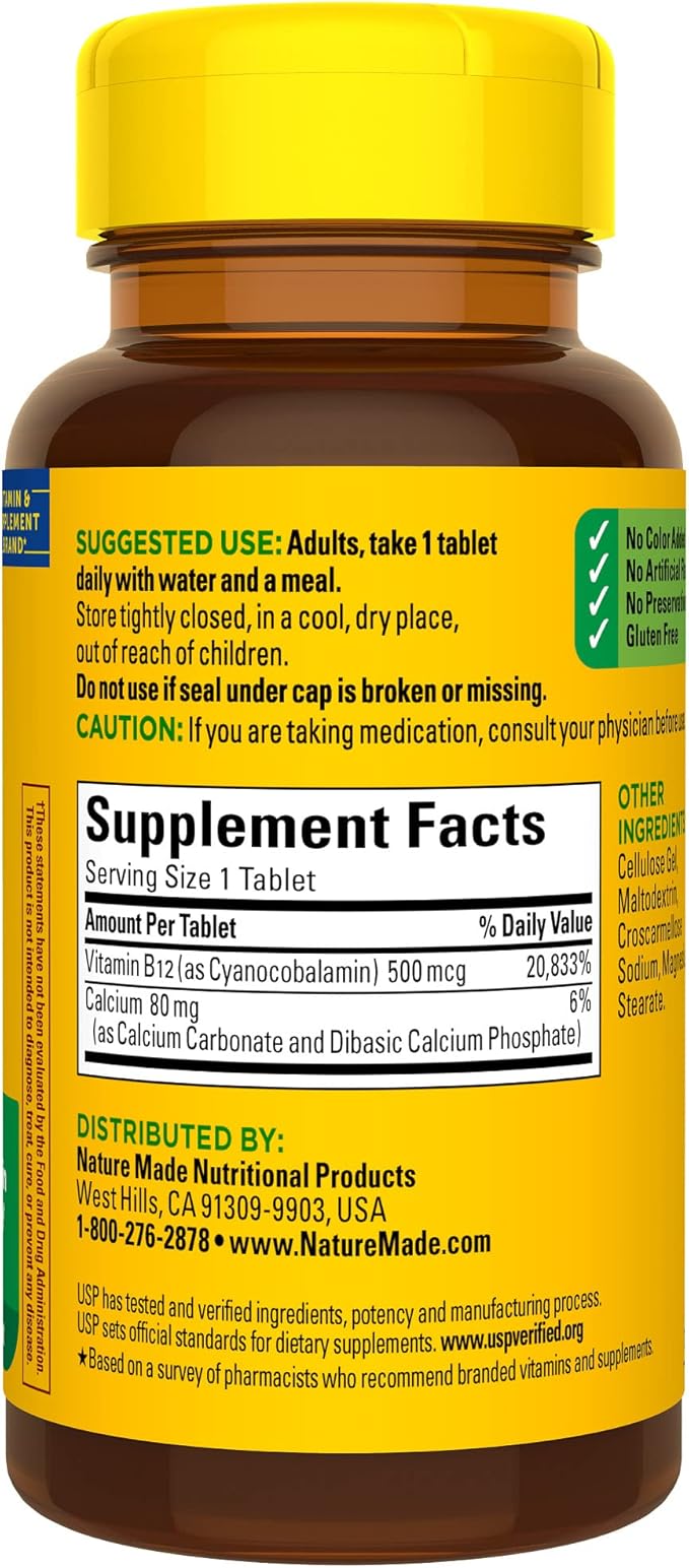 Nature Made Vitamin B12 500 mcg, Dietary Supplement for Energy Metabolism Support, 100 Tablets, 100 Day Supply
