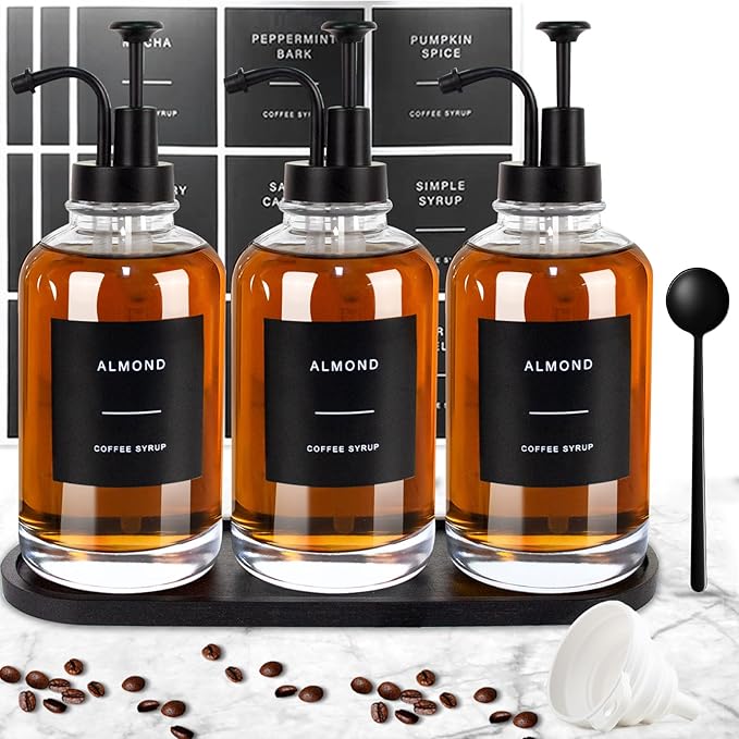 Coffee Syrup Dispenser for Coffee Bar, 3PCS Coffee Bar Accessory Syrup Dispenser w. Labels,16.9 oz 500ml Simple Glass Syrup Bottle w. Tray & Coffee Scoop