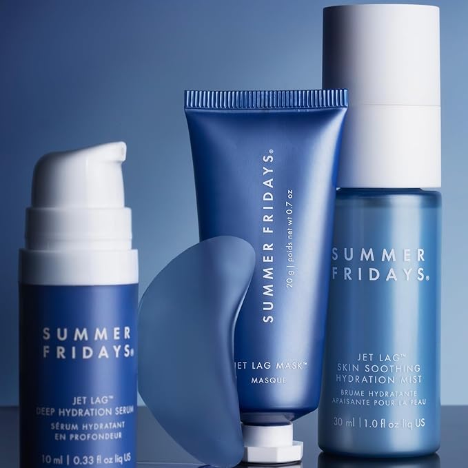 Summer Fridays Jet Lag Essentials Skincare Set - Travel Size Skincare Kit Including Jet Lag Eye Patches, Hydration Mist, Deep Hydration Face Serum & Mask (4 Count)