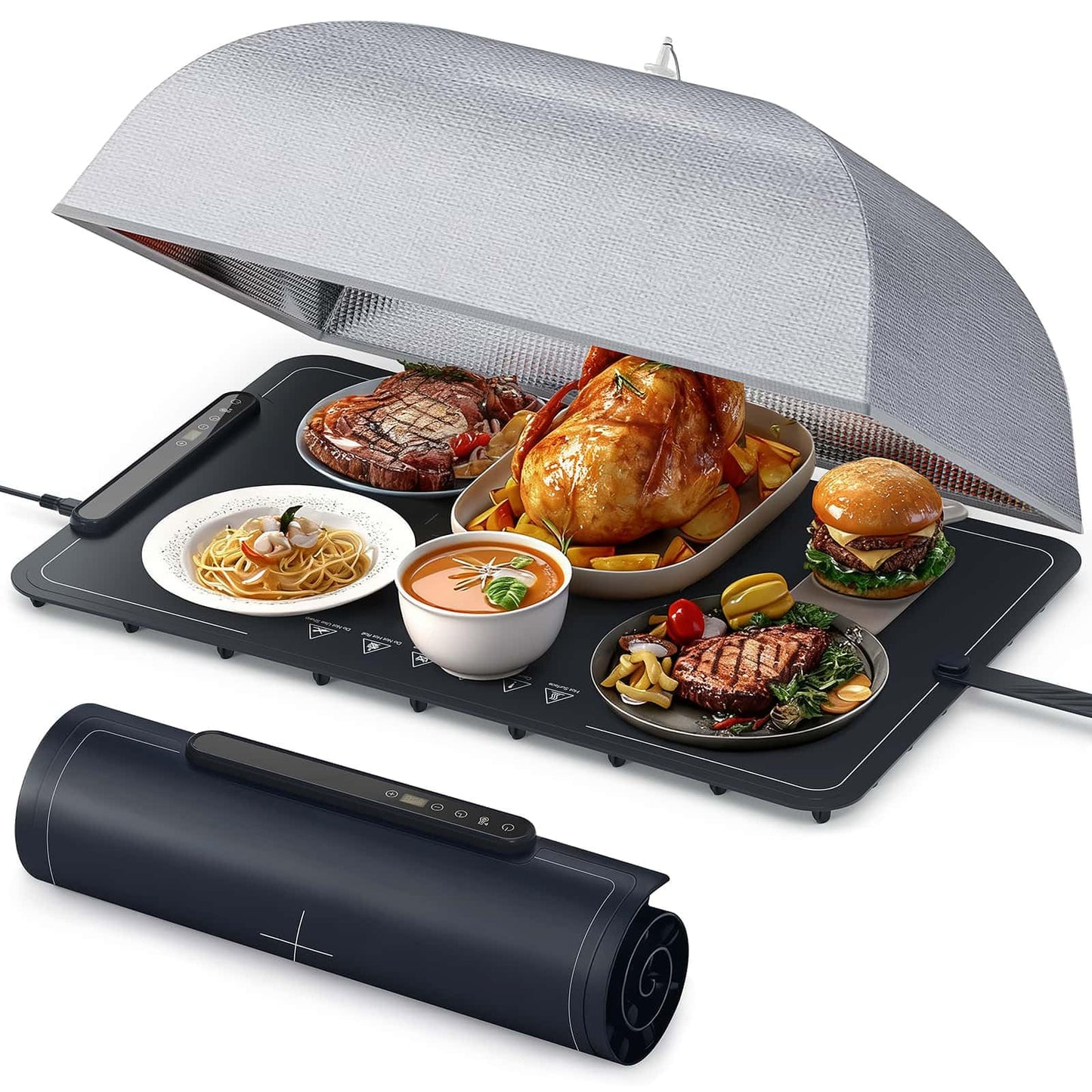 Zarler Warming Mat for Food with Insulated Cover, Food Warming Mat with 7 Temperature Modes and 6 Timer Settings, Electric Warming Tray Surface Heating, Foldable Warming Trays for Buffets Christmas