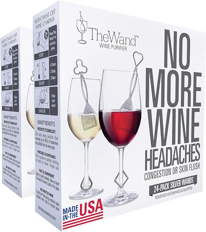 PureWine The Wand Wine Purifier - Red & White Wine Filters for Histamines & Sulfites, Sulfite Remover Sticks, Helps Allergies & Headaches, Gift Accessories for Women & Men - 48 Wands, Silver