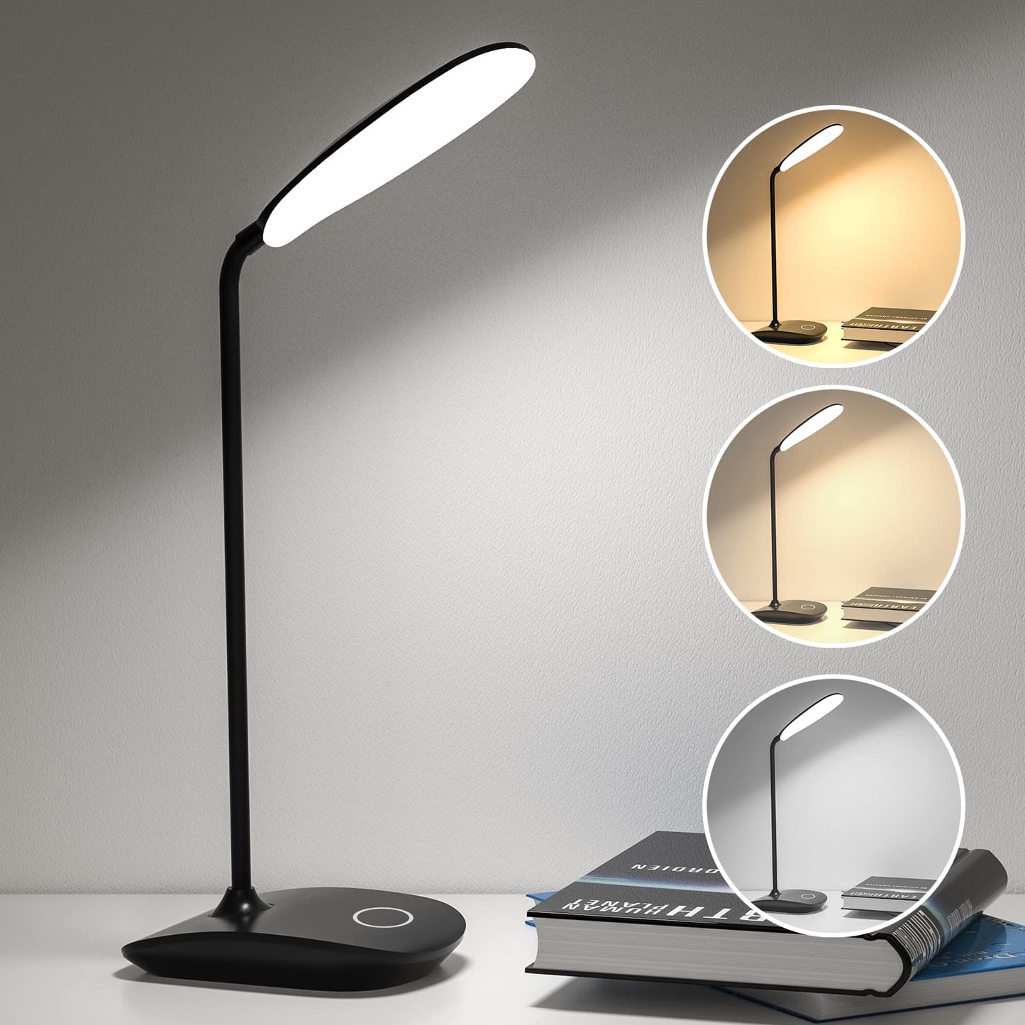 DEEPLITE Battery Operated Desk Lamp, LED, 3 Lighting Modes, Touch Control, Flexible Gooseneck, Black, 1 Pack