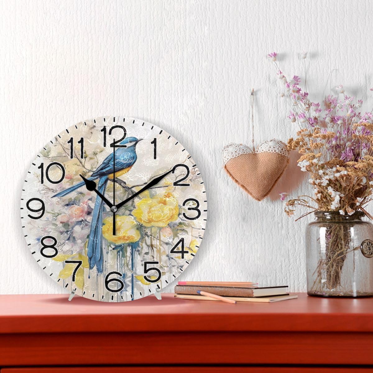 Spring Blue Bird with Yellow Flowers Butterflies Wall Clock Battery Operated Non Ticking Silent Quartz Analog Rustic Farmhouse Round Clock Retro Decor for Home Kitchen Living Room Bathroom
