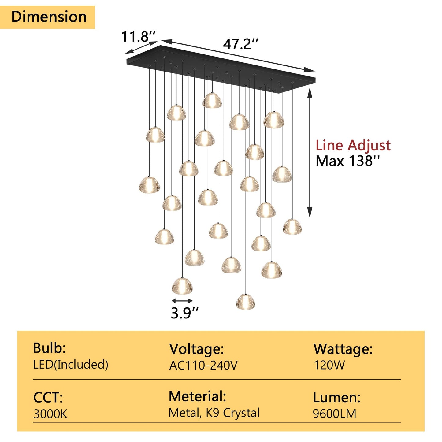 Dolria 24-Lights Modern Rectangular Crystal Chandelier Led Raindrop Ceiling Pendant Light Crystal Lighting Fixture For Living Room Hotel Staircase Hallway Foyer Entryway Bedroom Black