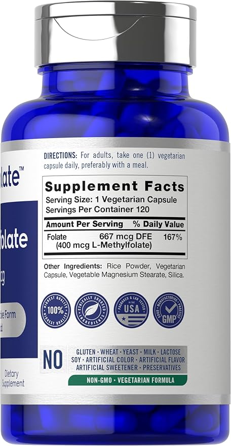 Carlyle L Methylfolate 400mcg | 120 Capsules | Vegetarian | Non-GMO, Gluten Free | Optimized and Activated Methyl Folate | by Opti-Folate