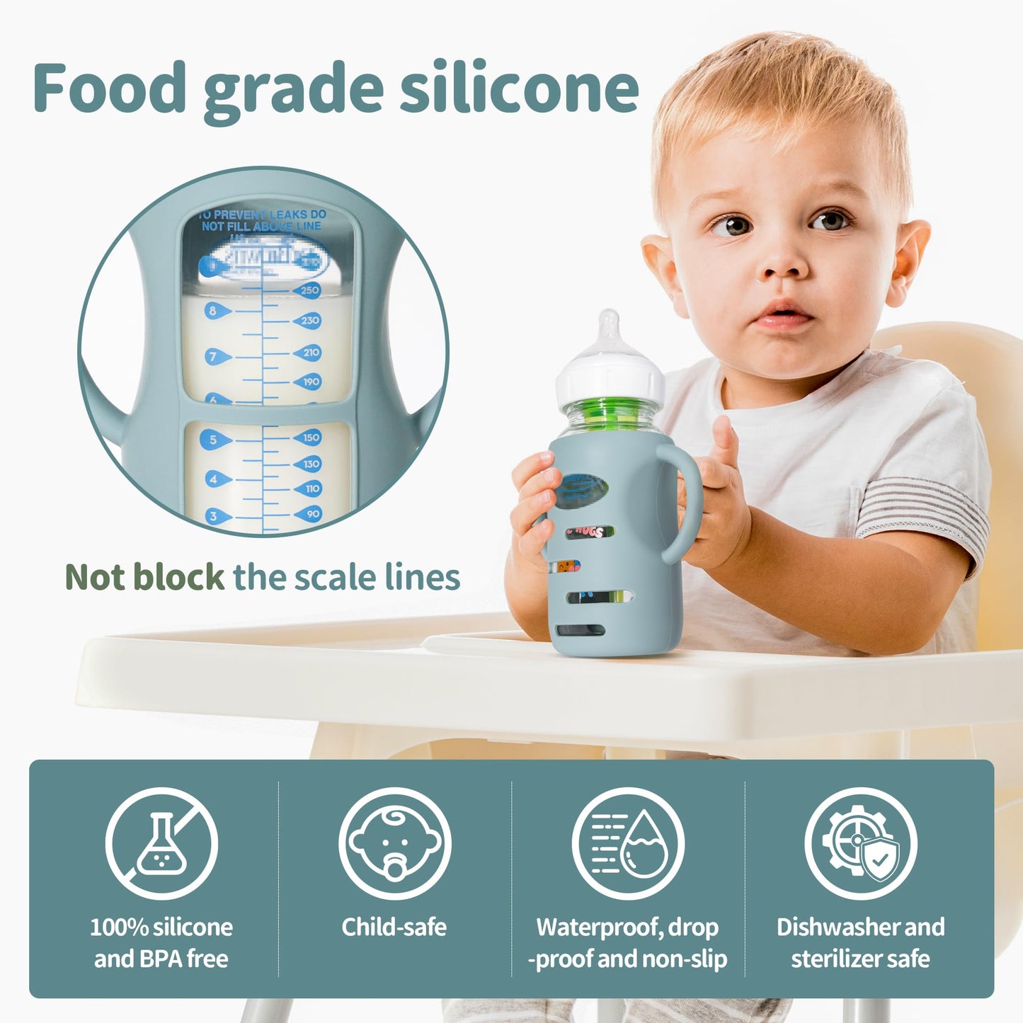 3 Pack Silicone Sleeves for Dr Brown Wide-Neck Glass Baby Bottles, Food GradeAnti Breakage Baby Bottle Holder with Handles and 3pcs Travel Bottle Caps, 9oz