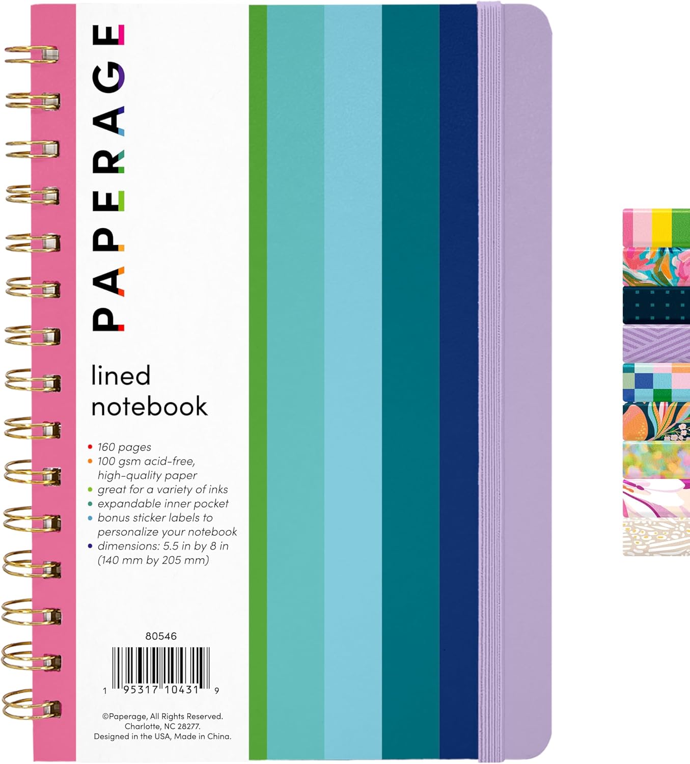 PAPERAGE Lined Spiral Journal Notebook, (Rainbow Stripe), 160 Pages, Hardcover Journal for Women & Men, Medium 5.5 in x 8 in - 100 GSM, Thick Paper, Spiral Notebook for Work, School & Journaling