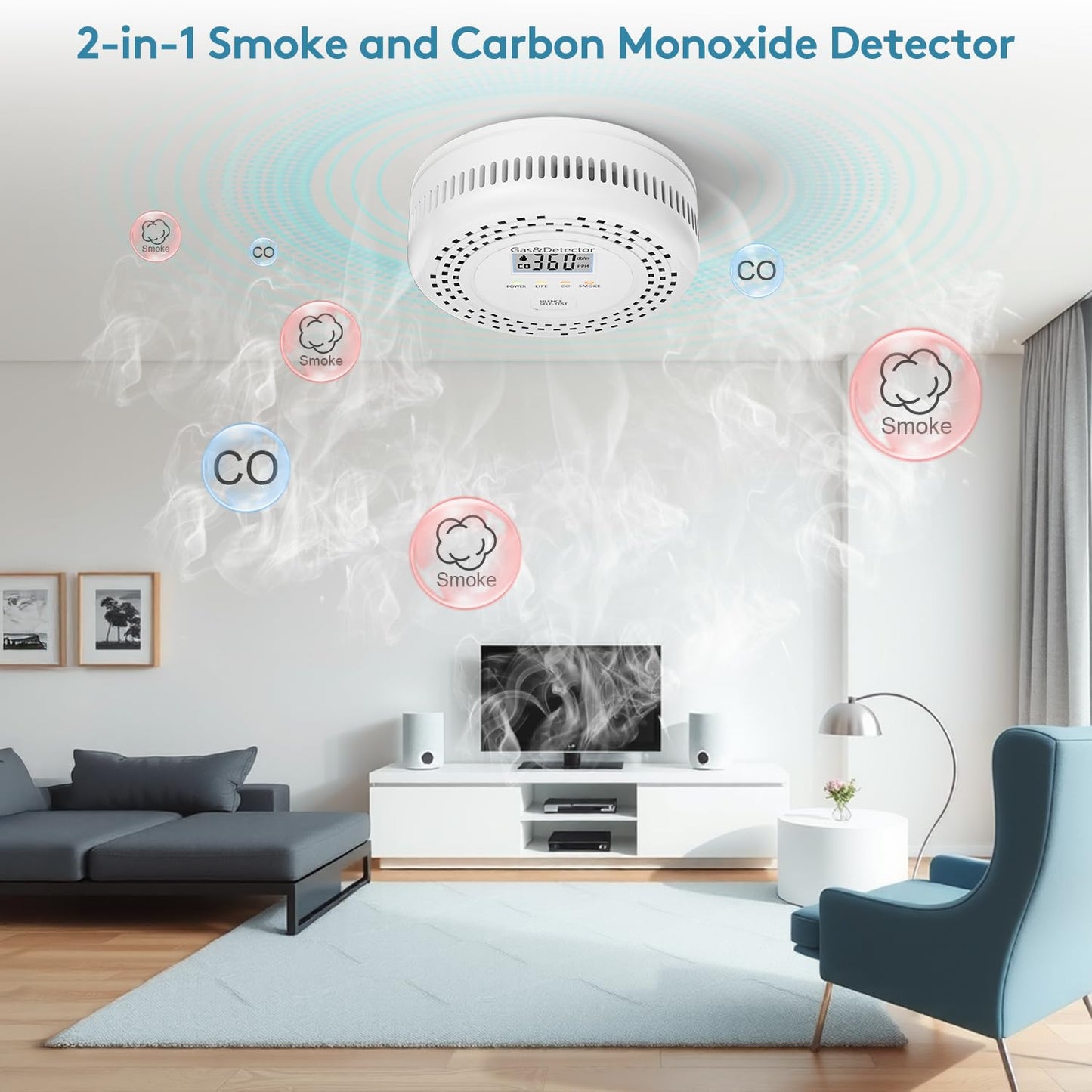 2-Pack Smoke Detector Carbon Monoxide Detector Combo,Combination Smoke and Carbon Monoxide Detector with Display,Essential CO Alarm with Battery