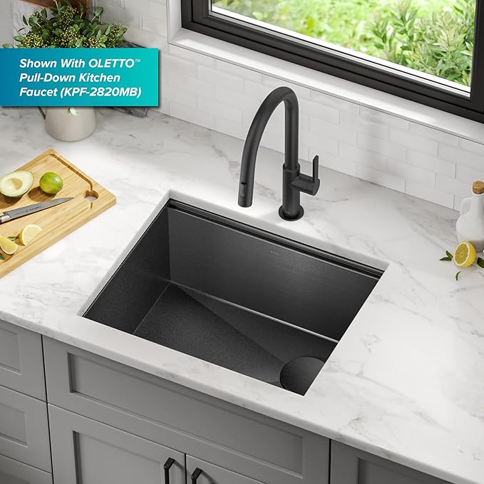 KRAUS Kore 23 Inch Drop-In Undermount Workstation 16 Gauge Stainless Steel Single Bowl Kitchen Sink n PVD Gunmetal Finish with Accessories, KWU1111-23-PGM