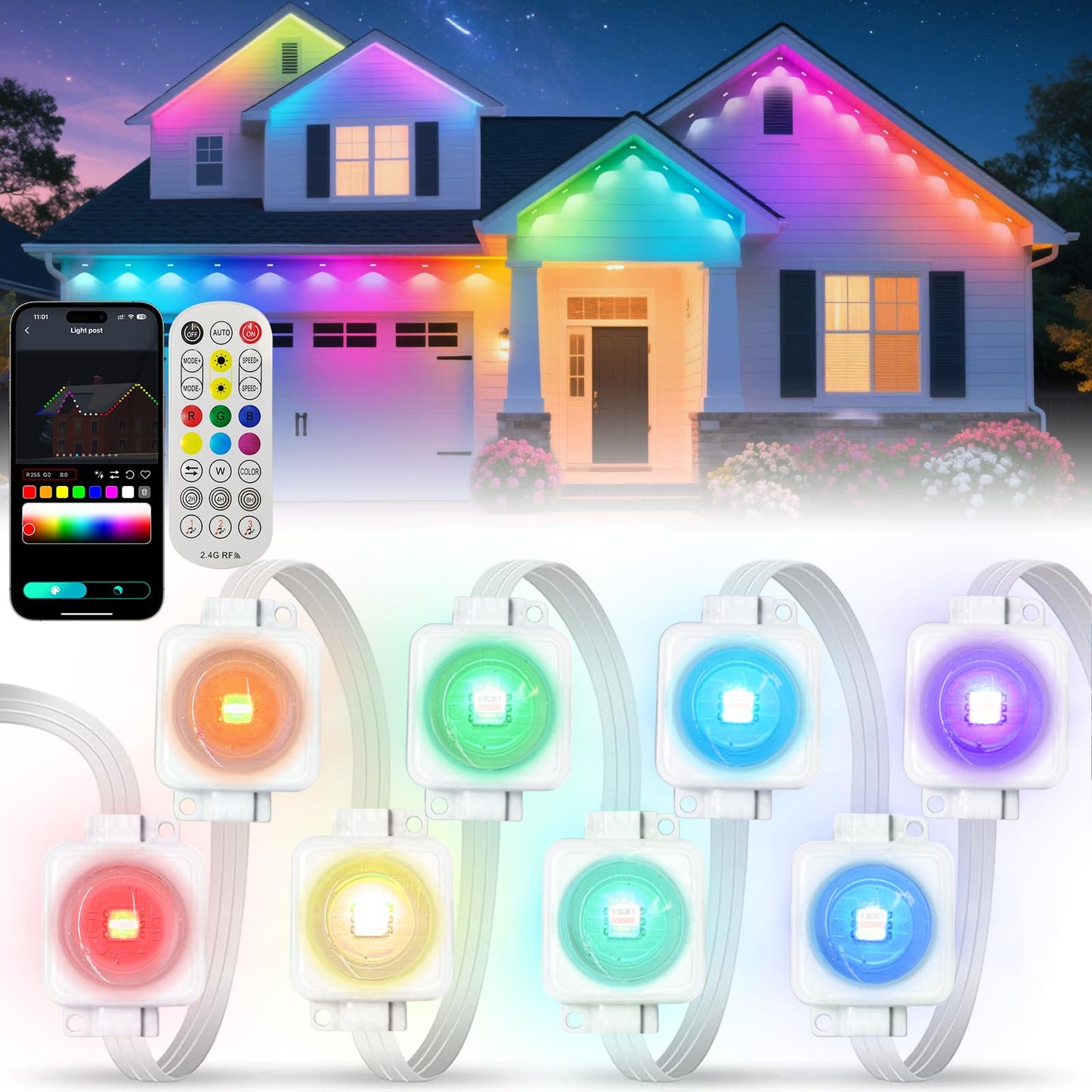 Super RGB Outdoor Lights, IP67 Waterproof 300FT, 180LED, Smart RGB+IC Eave Lights, Remote APP Control, White