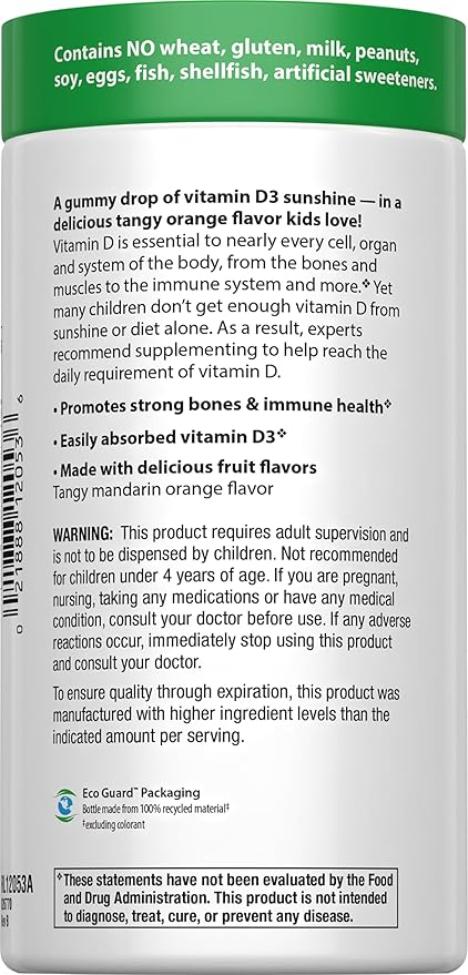 Rainbow Light - Sunny Gummies Vitamin D3 400 IU, Support for Healthy Bones, Muscles, and Immunity in a Family-Friendly Chewable with Vitamin D3, Soy-Free, Gluten-Free, Tangy Tangerine, 60 Gummy Drops