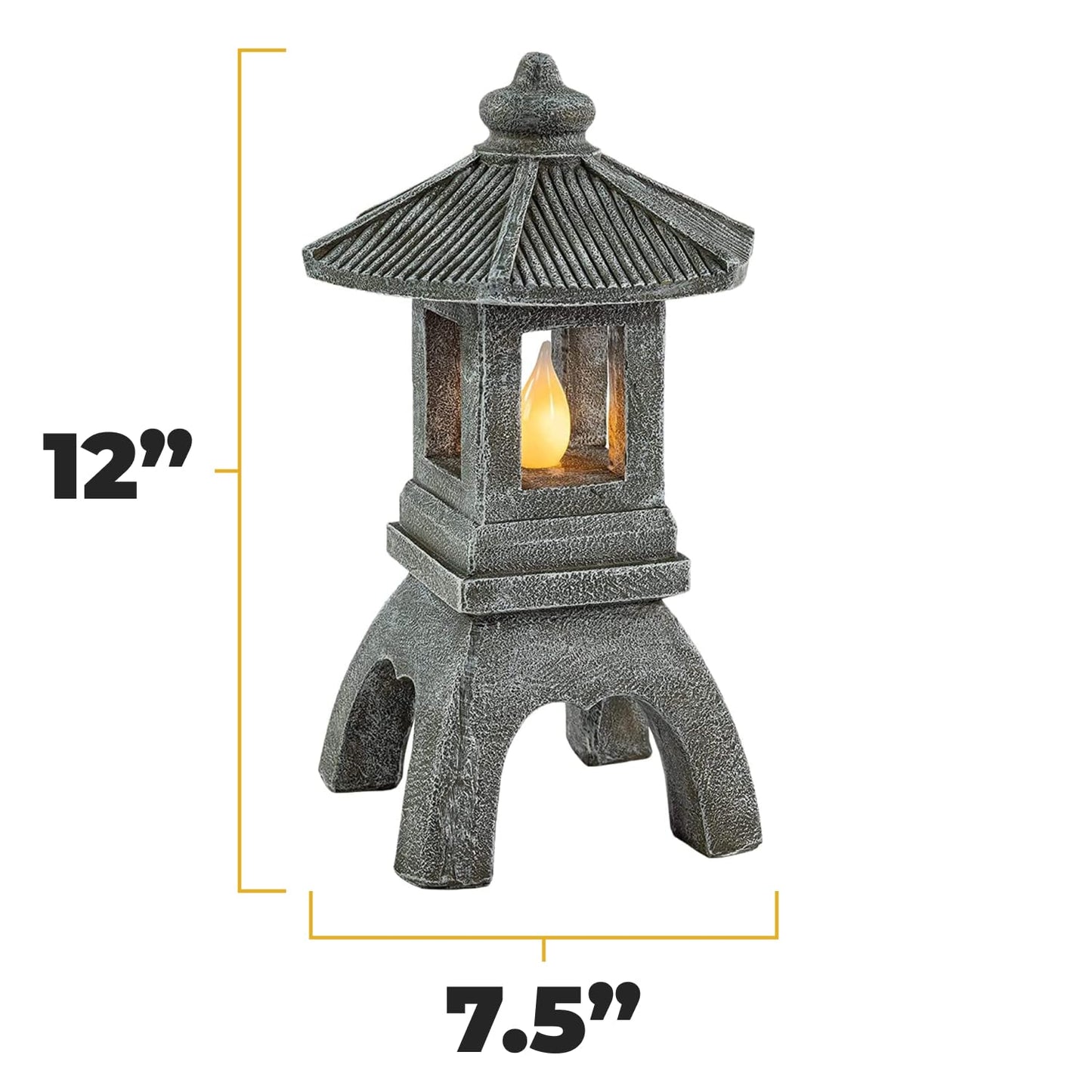VP Home Solar Powered Pagoda Garden Statue, 12inH x 7.5inW x 6.5inD, Tranquil Pagoda, Outdoor Zen Lantern with Flickering LED Light