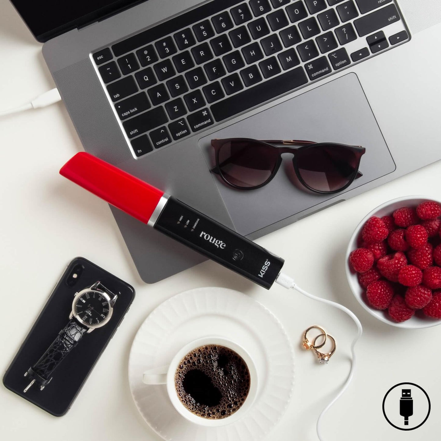 KISS Cordless Flat Iron Rouge Portable Hair Straightener,  Tourmaline Ceramic Plates, 350F - 420F, 50-Minute USB Rechargeable Li