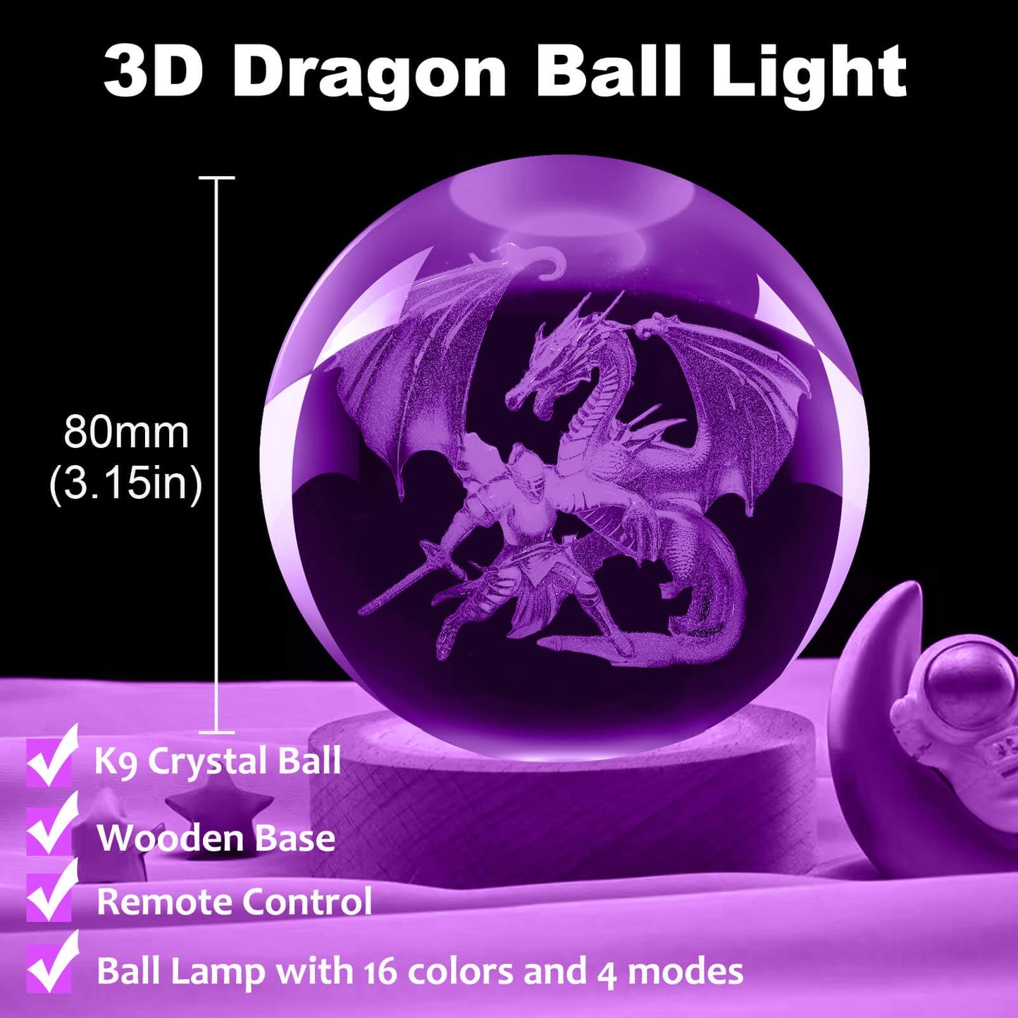 LINSINA Dragon Lamp - 16 Colors Crystal Ball Night Light with Wooden Base, Remote Control, Model: lamp-01, Color: Dragon and Knight