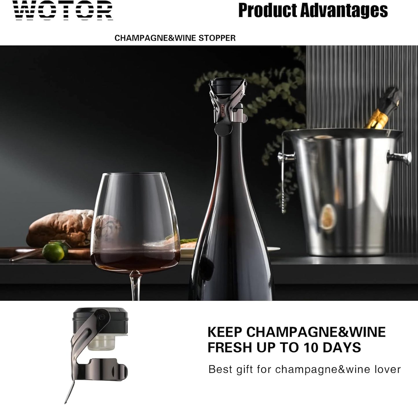 WOTOR Champagne&Wine Bottle Stoppers Stainless Steel with Food Grade Silicone, Leak Proof Keep Fresh Reusable Saver, Cork Suitable for Wine, Champagne, Cava, Prosecco and Sparkling (2 Pack Black）