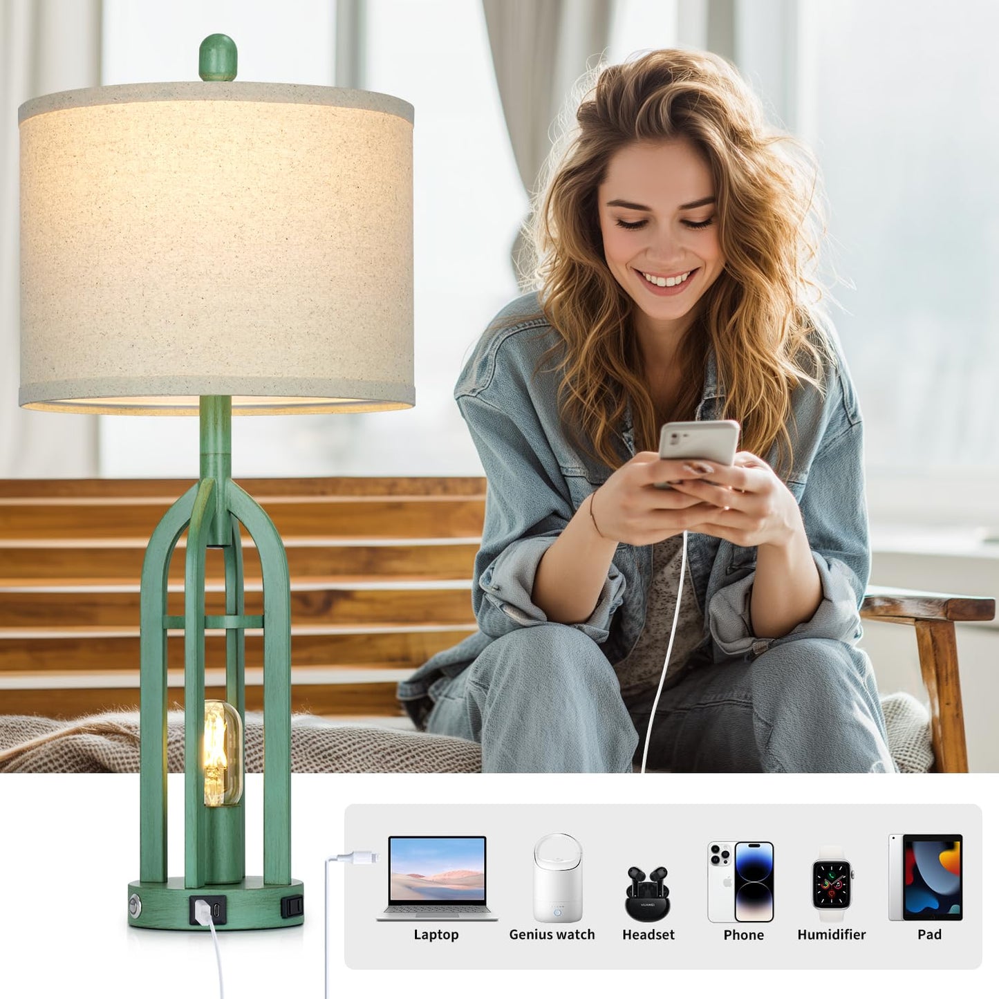 Cinyirong 27in Coastal Lamp, Retro-Green Metal Touch Control Table Lamp with USB & AC Outlet, 3-Way Dimmable, Bedroom Living Room