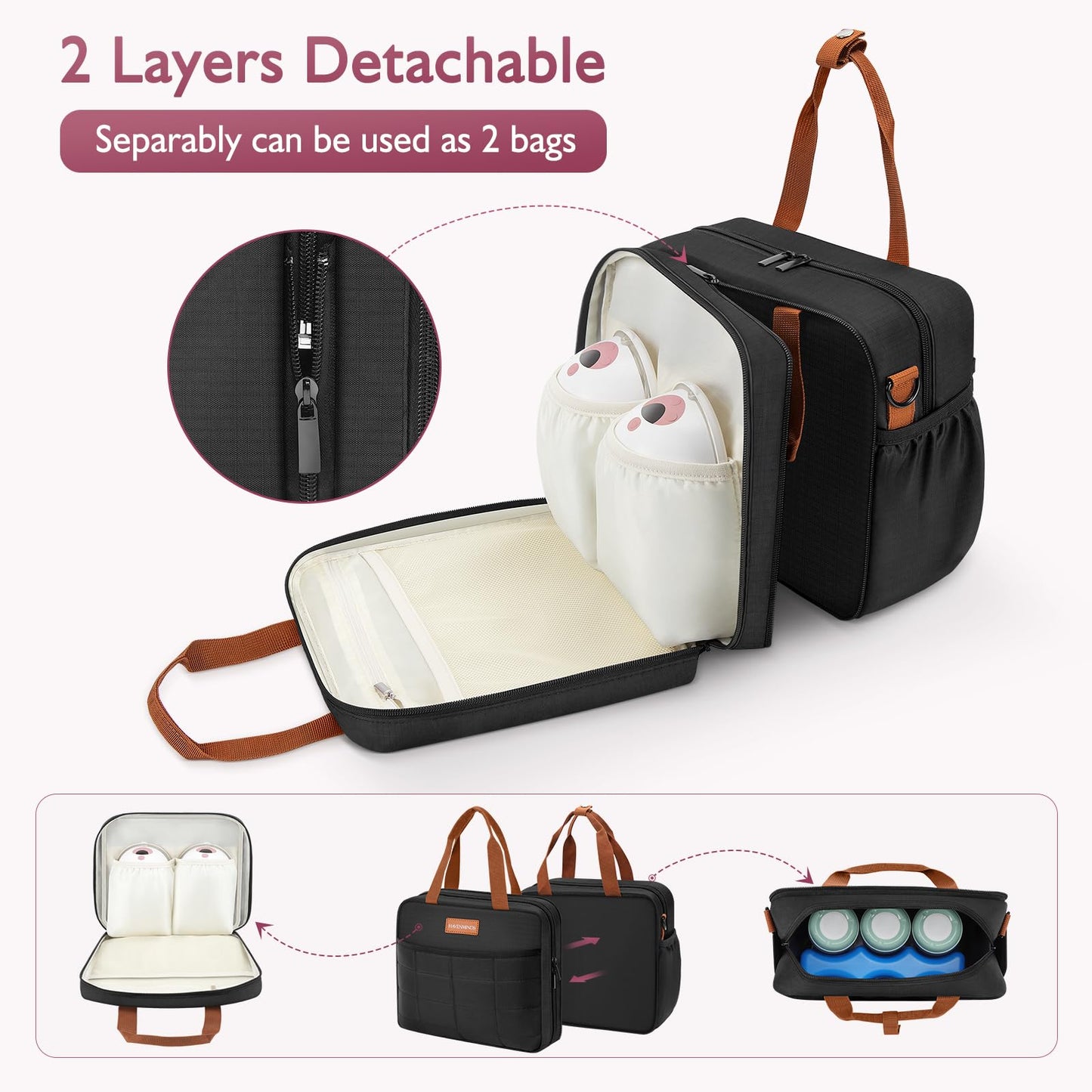 HavenMinds Detachable Breast Milk Cooler Travel Bag with Ice Pack, Double Layer Breast Pump Bag Compatible for Wearable Breast Pump, Portable Breastmilk Cooler Bag & Carrying Case with Waterproof Mat