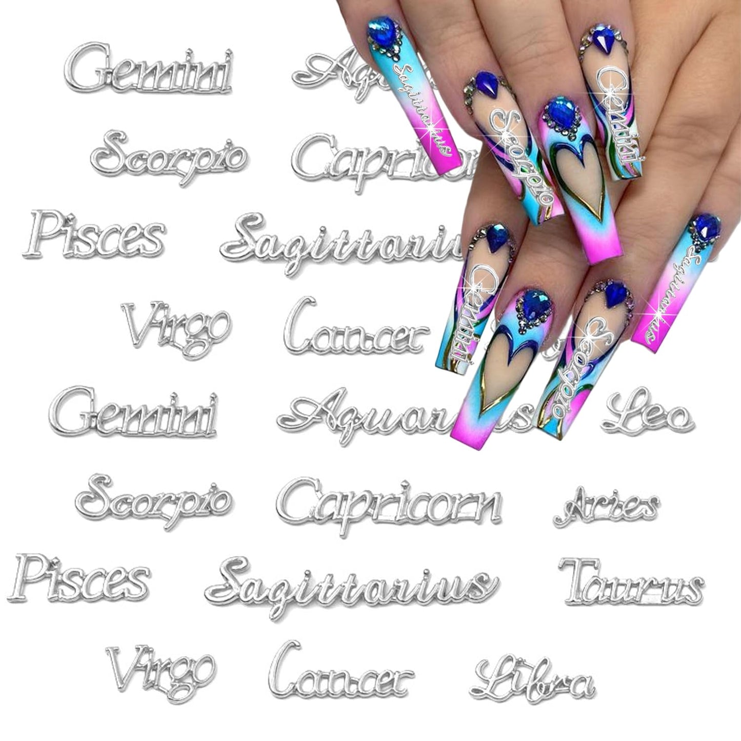 24 PCS Constellation Charms, 3D Silvery Zodiac Letters for Nail Art, Alloy Metal Rhinestones, Kawaii Jewels for Women's Nails an