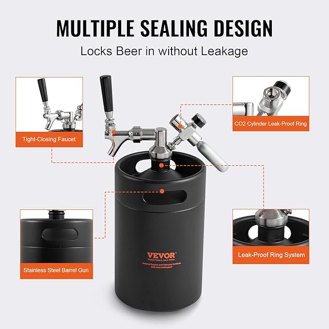 Beer Growler Tap System, 170Oz 5L Mini Keg, 304 Stainless Steel Pressurized Beer Growler, Keg Growler with Pressure Display, CO2 Regulator Faucet, Leak-Proof Ring For Draft, Homebrew, Craft Beer